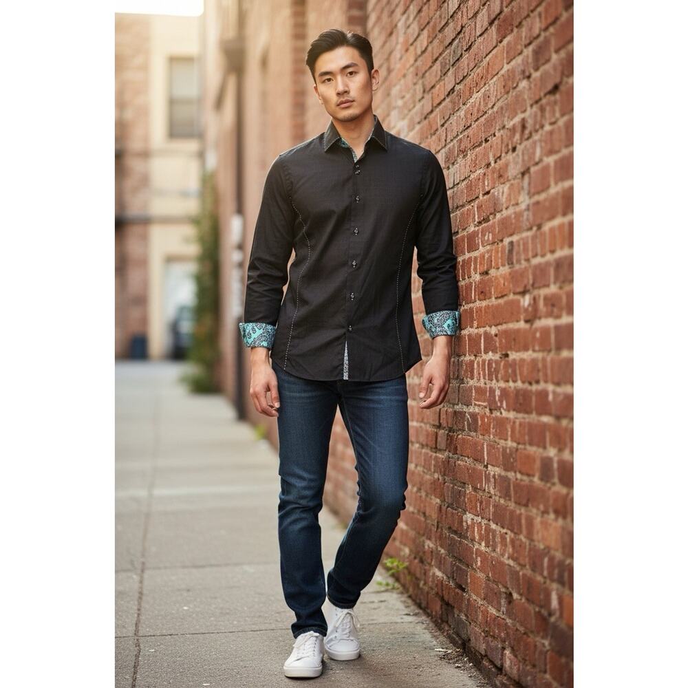 Men's Absolute Rebellion Slim Fit Black Button Front Shirt Sz Small Textured - Picture 2 of 9